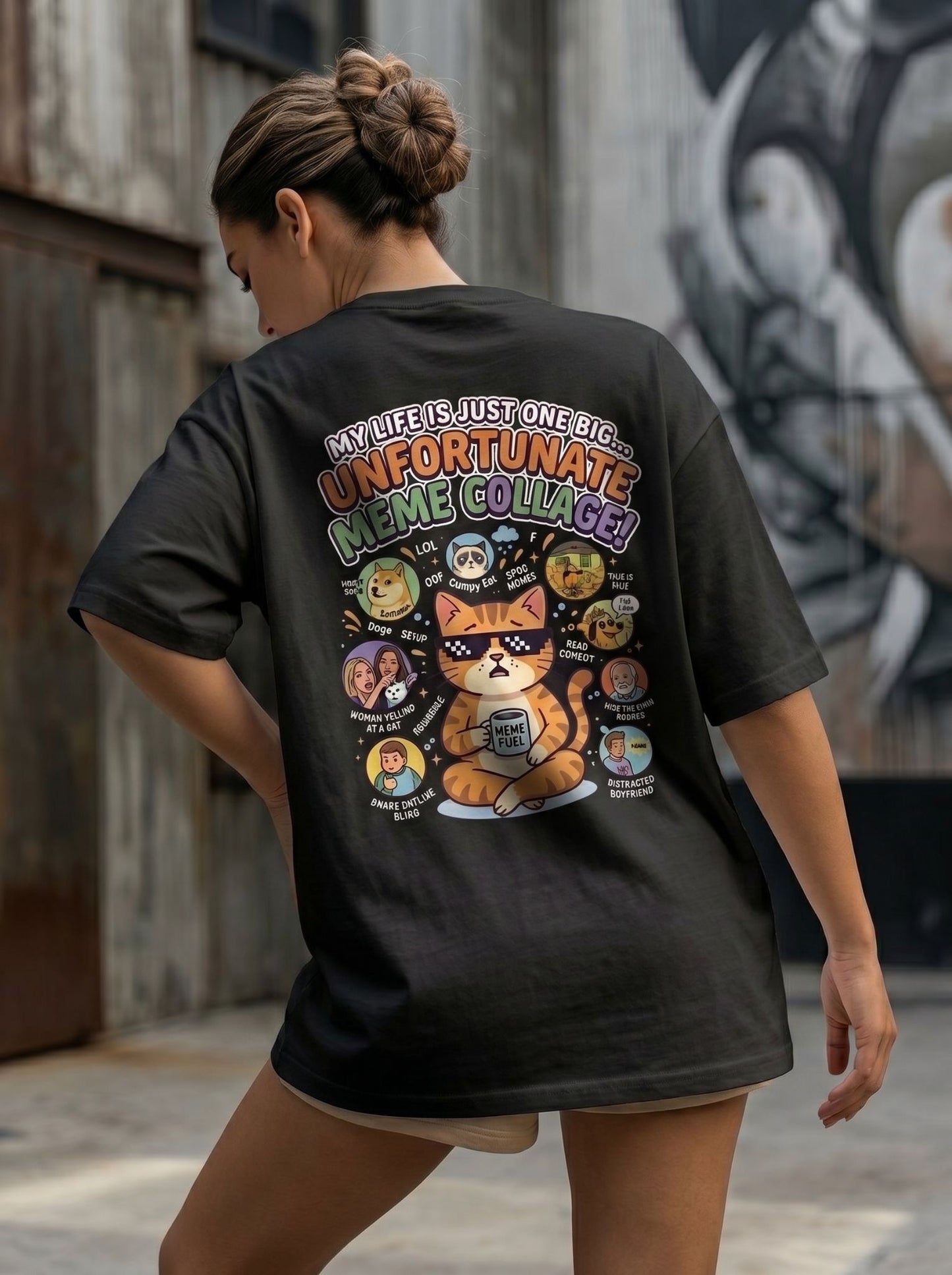 Unfortunate Meme Collage Oversized Cat Tee
